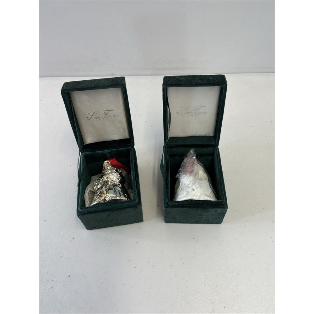 Godinger Silver Cast Metal Art Santa Claus Bell Set 2 Vintage Bells Velvet Box
